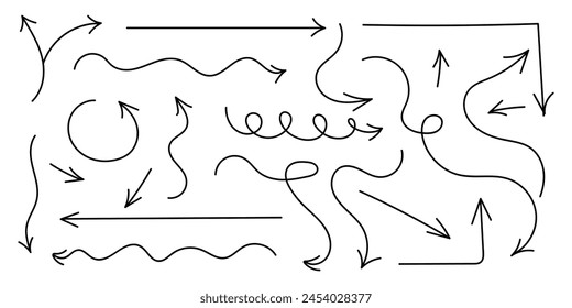 Set of arrow vector icons in doodle style. Hand drawn pointer signs with curved line, swirls arrows isolated on white background. Scribbles and scrawls charcoal direction pointers. Vector drawing