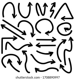 Set of arrow vectors drawn by hand on a white background. Vector illustration of element design.