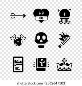 Set Arrow, Video game bar, Magic ball, Card collection, Holy bible book, King crown, Medieval shield with axe and Skull icon. Vector