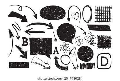 A set of arrows and abstract shapes. Vector illustration. Isolated over white background.