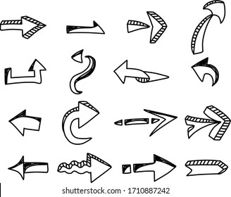 Set of arrows, arrow icon, symbols and direction designed with hand drawing style suitable for pointer, doodle and cartoon illustration