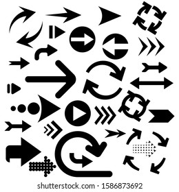 Set of arrows. Big collection of glyph black icons on white background. Silhouette for mobile apps. Pictogram for interface and infographic. Vector illustration flat design. Web and print buttons.