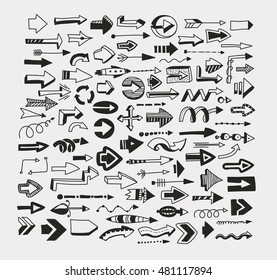 Set of arrows. Black characters on a light background. Template for your design. A large number of arrows signs. Hand drawing.