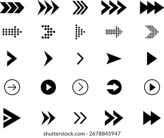 Conjunto de iconos negros de flechas. Conjunto grande de flecha simple. Señales de puntero de Vector negro plano simple moderno. Elementos de carga de rotación circular. Ilustración vectorial