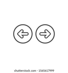 Set of arrows. black left and right rounded arrows in circle icons. Isolated on white. Continue icon.  Back and next signs. East and West arrow.