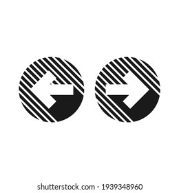 Set of arrows. Black left and right sharp arrows in circle icons. Isolated on white. Continue icon.  Back and next signs. East and West arrow.
