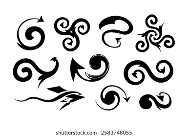 Set of arrows with Celtic motifs. Hand drawn black and white vector illustration. Ancient Breton heraldic symbols. Nordic decoration. Celtic emblems. Ethnic magic signs. Print for logo, icon, tattoo.