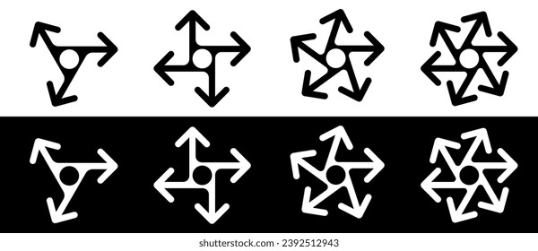 Set with arrows in circle. Multiple wayfinding or crossroad concept. Black shapes on a white background and the same white shapes on the black side.