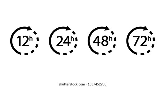 Set of arrows clock and time icons. 12, 24, 48, 72 hours.
