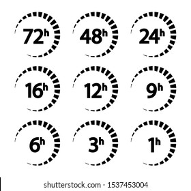 Set of arrows clock and time icons. 1, 3, 6, 9, 12, 16, 24, 48, 72 hours. svg