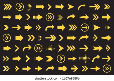 Set of arrows collection in orange color on a black background for website design