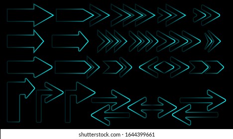 Set of arrows. A collection of silhouettes of blue neon pointers on black background. Vector illustration.