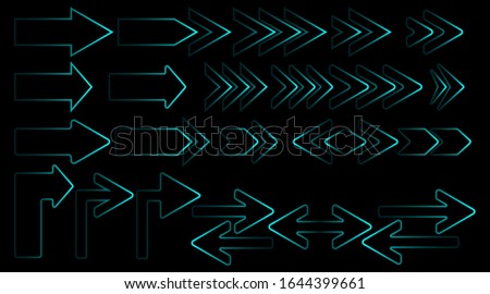 Set of arrows. A collection of silhouettes of blue neon pointers on black background. Vector illustration.