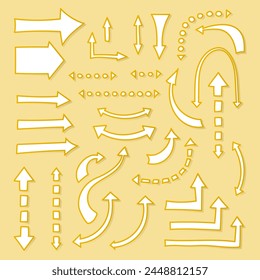 Set of arrows. Collection of yellow hand drawn comic arrows doodle style isolate. Vector illustration for sticker, print.