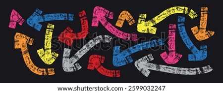  Set of arrows Colorful Arrow, Circle arrows, rotate arrow, redo process symbol. Hand drawn arrow vector icons set. Arrow mark icons and paint.
