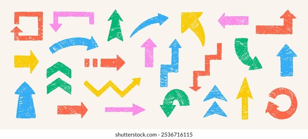 Set of arrows with crayon, pastel or chalk texture. Hand drawn colorful vector illustration on white background.