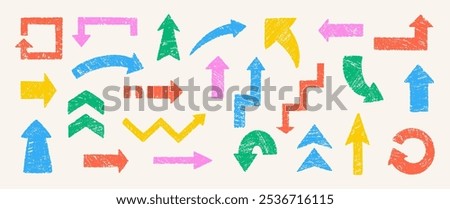 Set of arrows with crayon, pastel or chalk texture. Hand drawn colorful vector illustration on white background.