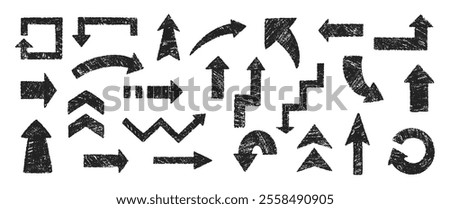 Set of arrows with crayon, pastel or chalk texture. Hand drawn vector illustration.