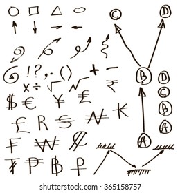 Set of arrows and currency signs hand-drawn. Eps 10