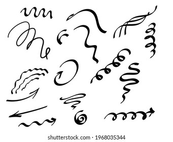 Set Arrows And Curves Lines Spiral Doodle Hand Drawing Vector Elements