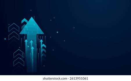 Set of up arrows in dark blue color, the growth technology arrows on dark blue background. dynamic upward arrows on a dark background, representing progress