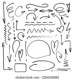 Set arrows and design elements sketch. Simple hand drawn icons for education, business, notepad and notes design. Collection black isolated symbols vector illustration