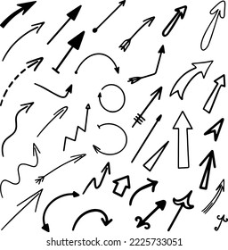 A set of arrows of different shapes of black color on a white background. Hand-drawn, doodle style.