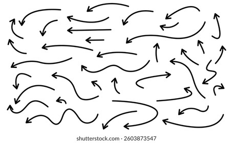 Set of arrows of different shapes and directions. hand drawn arrows set. hand drawn thin line. curve wave line arrows