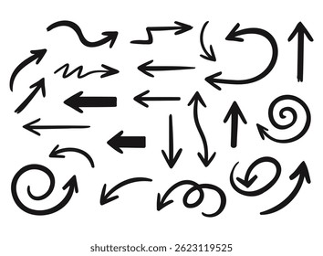 Set of arrows of different shapes in doodle style. Vector illustration eps 10.