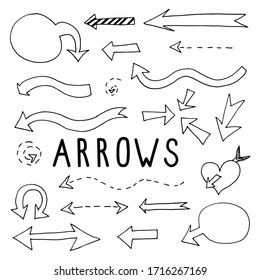 set of arrows of different shapes and styles in the technique of doodles drawn by hand and tracing. Vector collection of arrow pointers: bubble, heart, dotted, striped arrow, arrow on two sides.