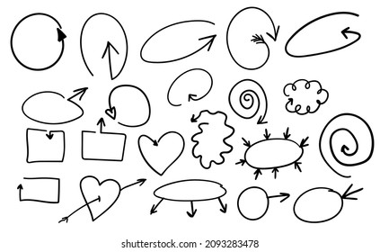 conjunto de flechas de diferentes formas y estilos en la técnica de doodles dibujados. Colección vectorial de punteros de flecha: burbuja, corazón, punteado, flecha a rayas, flecha a dos lados