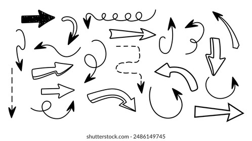 Set of arrows in different styles. Hand drawn and doodle. Vector illustration. Editable stroke. Pencil texture. Elements, shapes. Line and underline. Isolated. Background. Curves. Abstract scribble