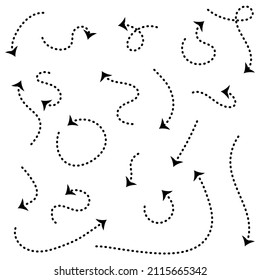 Set Arrows and directions signs in flat style. dotted arrow Vector black hand drawn on white background. isolated.
