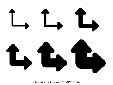 Set Arrows and directions signs path or choice. different thicknesses from thin to thick. Black Vector arrows isolated on white background. 