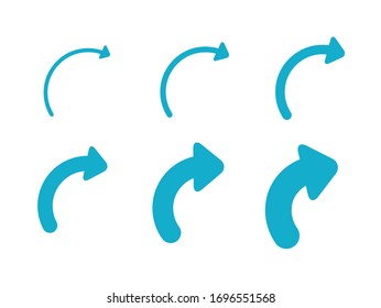 Set Arrows and directions signs right. different thicknesses from thin to thick. Blue Vector arrows isolated on white background. 