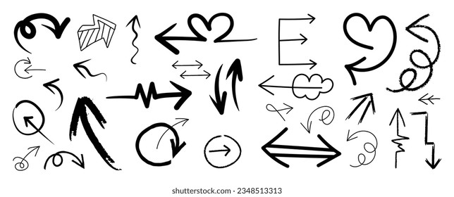 Set of arrows doodle element vector. Hand drawn doodle style collection of different arrows, pointers, pointing. Illustration design for print, cartoon, card, decoration, sticker, icon, sign.