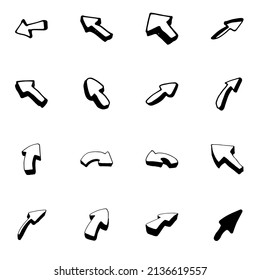 A set of arrows doodle icons. a collection of vector doodles with hand-drawn pointers and arrows, a black outline of different directions highlighted on white