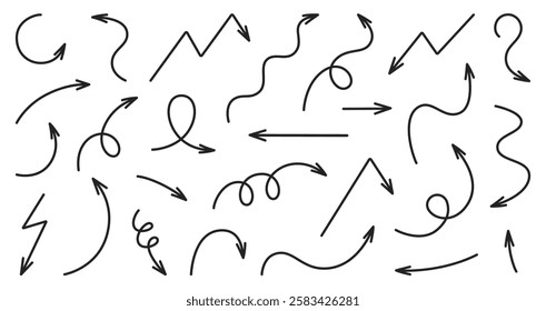 Set of arrows in doodle style. Decorative black hand drawn arrow on white back ground. Vector illustration on white background.