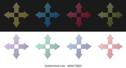 Establece los puntos de las flechas en cuatro direcciones en un icono aislado en fondo blanco y negro. Vector.