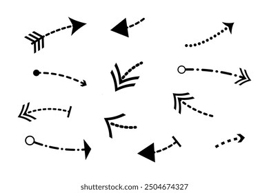Set of arrows with dotted lines, black on white, vector