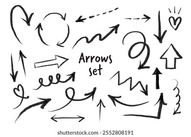 Set of arrows drawn with black marker isolated on transparent background. Vector illustration