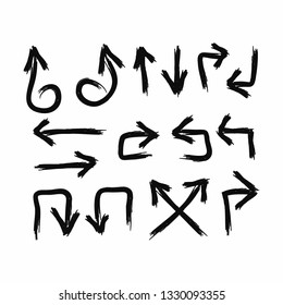 Set of arrows drawn by hand with a brush in grunge style. Isolated vector illustration.