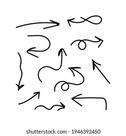 Conjunto de flechas dibujadas a mano. Doodle, boceto. Ilustración vectorial.