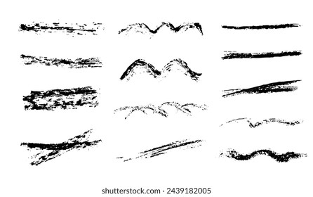 Set of arrows drawn by hand. Pencil strokes.Brushes of different shapes on a black background. Vector brushes in grunge style. Vector horizontal lines in pencil. Vector lines coal, drawn by hand.