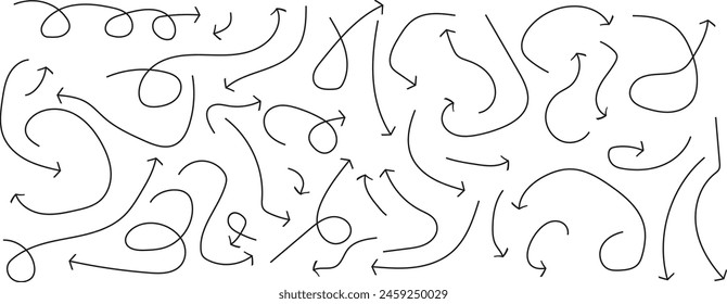 Conjunto de flechas dibujadas a mano. Conjunto de flechas curvadas y onduladas de Vector dibujado sobre fondo blanco. Flechas simples modernas.