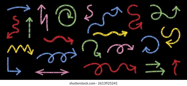 Set of arrows drawn with chalk brush. Hand drawn illustration of arrows and swirls. Vector.