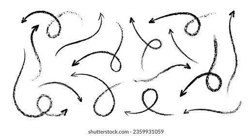 A set of arrows drawn in crayon or charcoal. Various hand drawn elements with a pastel pencil texture. Fun doodles, grunge swirling lines, scribble or swooshes markers, vector illustration.