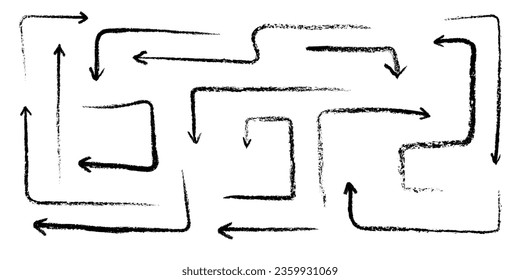 A set of arrows drawn in crayon or charcoal. Various hand drawn elements with a pastel pencil texture. Fun doodles, grunge swirling lines, scribble or swooshes markers, vector illustration.