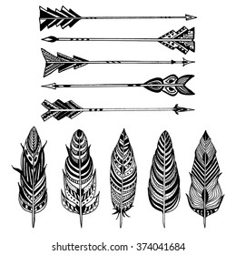 Set of Arrows and feathers on white background. Set of Ornamental Boho Style elements. Vector illustration. 