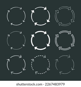 Set of arrows in the form of rotation, process, circulation, repetition, steps, sync and cycle - 4 steps with chalk on blackboard